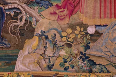 Flamand kárpit. Az Apokalipszis sorozat: Szent Mihály legyőzi a sárkányt. Atelier Willem Dermoyen, Brüsszel. Körülbelül 1553-1555. Részlet.