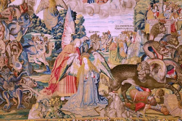 Flamand kárpit. Az Apokalipszis sorozat: Szent Mihály legyőzi a sárkányt. Atelier Willem Dermoyen, Brüsszel. Körülbelül 1553-1555. Részlet.