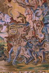Flamand kárpit. Az Apokalipszis sorozat: Szent Mihály legyőzi a sárkányt. Atelier Willem Dermoyen, Brüsszel. Körülbelül 1553-1555. Részlet.