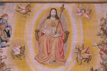 Flamand kárpit. Az Apokalipszis sorozat: Szent Mihály legyőzi a sárkányt. Atelier Willem Dermoyen, Brüsszel. Körülbelül 1553-1555. Részlet.