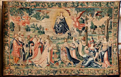Flamand kárpit. A jégeső sorozat. Salve Regina. Brüsszeli műhelyek gyártása, lehetséges Marc Crétif gyártása. Kb 1528. Mérete 412 x 652 cm. Szövet Selyem és gyapjú. Helyszín Palencia katedrálisa. Eredet Fonseca püspök hagyatéka 1529-ben
