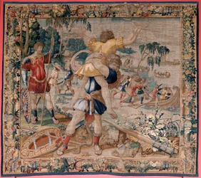 Flemish tapestry. Series The Labours of Hercules. Hercules and Antaeus (Hércules y Anteo). Fourth tapestry in the extant series. ; Model Unknown. Manufacture Willem Dermoyen, Brussels. Ca 1528. Fabric Silk and wool. Size 362 x 403 cm. Location Royal Palace