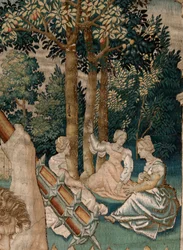 Flamand kárpit. Herkules munkássága sorozat. Herkules a Hesperidák kertjében (Hércules en el jardín de las Hespérides). Ötödik kárpit a fennmaradt sorozatban. Modell Ismeretlen. Gyártás Willem Dermoyen, Brüsszel. 1528 körül. Szövet Selyem és gyapjú.