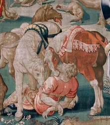 Flamand kárpit. Herkules munkássága sorozat. Diomedes lovai (Los caballos de Diomedes). Harmadik kárpit a fennmaradt sorozatban. Modell Ismeretlen. Gyártás Willem Dermoyen, Brüsszel. Ca1528. Szövet Selyem és gyapjú. Mérete 350 x 400 cm. Hely Royal