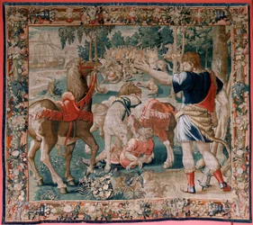 Flamand kárpit. Herkules munkássága sorozat. Diomedes lovai (Los caballos de Diomedes). Harmadik kárpit a fennmaradt sorozatban. Modell Ismeretlen. Gyártás Willem Dermoyen, Brüsszel. Ca1528. Szövet Selyem és gyapjú. Mérete 350 x 400 cm. Hely Royal