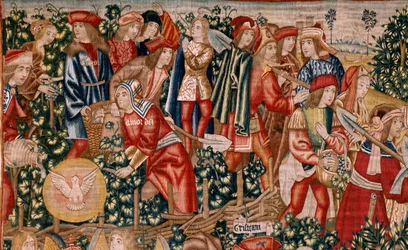 Flamand kárpit. Sorozat Példabeszéd a munkásokról a szőlőben. A dénár fizetése (El pago del denario). A sorozat második kárpitja. Gyártás Brüsszel, Pieter van Aelst műhelyei (?). Kb. 1500. Szövet Selyem és gyapjú, cm-enként 6 lánc.