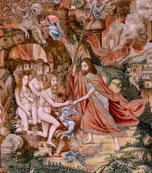 Flamand kárpit. Krisztus szenvedése sorozat. A keresztről való leszállás (Descendimiento). A Patrimonio Nacionalhoz tartozó Krisztus szenvedésének második kárpitsorozata. Modell karikaturisták Jan van Roome köréből. Gyártás Pieter va