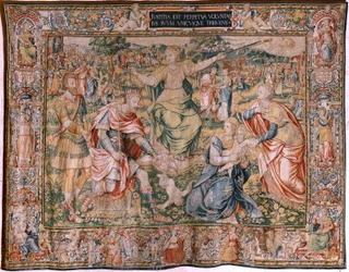 Flamand kárpit. A hét erény sorozat. Igazságszolgáltatás (La Justicia). Modell Michiel Coxcie alapján. Gyártás Brüsszel. Gyártó: Frans Geubels. 1560-1570 körül. Szövet Selyem és gyapjú. Mérete 330 x 450 cm. Helyszín Burgos katedrálisa. Eredet Hagyaték a t