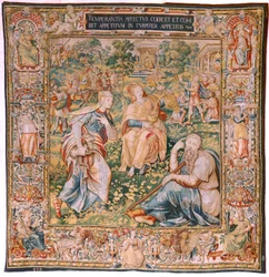 Flamand kárpit. A hét erény sorozat. Mértékletesség (La Templanza). Modell Michiel Coxcie alapján. Gyártás Brüsszel. Gyártó: Frans Geubels. Ca1560-1570. Szövet Selyem és gyapjú. Mérete 330 x 320 cm. Helyszín Burgos katedrálisa. Eredet Hagyaték t