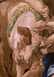 Flamand kárpit. Az Eucharisztia diadala sorozat. Az Eucharisztia győzelme a pogány áldozatokon (Victoria de la Eucaristía sobre los sacrificios paganos). A sorozat negyedik kárpitja. Peter Paul Rubens modell. 1626-1628. Gyártás Jan II Raes, Jac