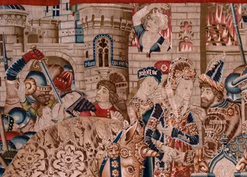 Flamand kárpit. A trójai háború sorozat. Trója pusztulása (Destrucción de Troya). A sorozat tizenegyedik kárpitja. Coëtivy Master modell (Henry vagy Conrard de Vulcop). Manufacture Tournai műhelyek. Kb. 1470. Szövet Gyapjú és selyem, 6/7 lánc per cm.