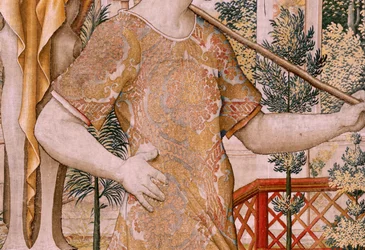 Flamand kárpit. Vertumnus és Pomona sorozat. No II Vertumnus gazdálkodóvá alakult át (Vertumno y Pomona II Vertumno transformado en agricultor) no1 bal rész. Pieter Coecke Van Aelst és Léonard Thiry modellek köre. Ismeretlen műhely, Brüsszel. Arany,