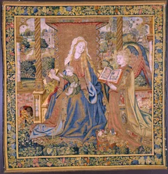 Flamand kárpit. A Szűz a gyermekkel és az angyalokkal (The Virgin with the Child and an Angel, Mary met Kind in engelen). kb