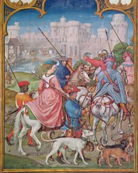 Fol.8v Augusztus hónap: Indulás vadászatra, a Breviarium Grimaniból, 1515 körül