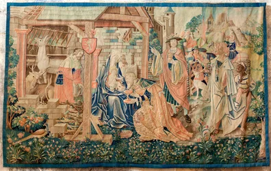 Egykori katedrális (Ancienne cathédrale Notre-Dame). Múzeumi gyűjtemények. Flamand kárpit. A mágusok imádata. Jean de Mauléon püspök parancsa. Egy sorozat része eredetileg a The jubé (rood screen) ülőalkalmatosság fölött. 16. század.
