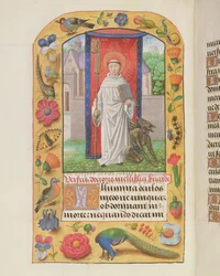 MS 1058-1975 f.161v St. Bernard ciszterci szokásban, mögötte egy leláncolt ördöggel, egy Órakönyvből, valószínűleg Brugge, 1500-2005 körül