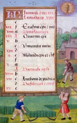 Ms 1058-1975 f6r Fűnyírás, illuminált naptárlap júniusra, egy Órakönyvből, 1500 körül (pergamen)
