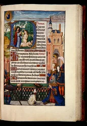 Ms 1058-1975, f.74r: Dávid király a Szűzanyához és a Gyermekhez imádkozik, valamint Éva teremtését ábrázoló történeti D kezdőbetű, az Órák könyvéből, Brugge, 1510 körül (arany tinta és tempera pergamenen)