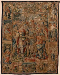 Faliszőnyegek plébániai múzeuma (Museo Parroquial de Tapices de Pastrana). Flamand kárpit. Az ifjú Sándor apjának, Filipnek (El joven Alejandro ante su padre Filipo). Brüsszel. 16. század. 328x407 cm.