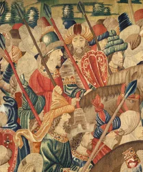 Plébániai gobelinmúzeum (Parish Museum of Pastrana Tapestries). Flamand kárpit. Tanger meghódítása (Tanger bevétele, De inname van Tanger). Sorozat I. Alfonz portugál király hódításai. Tournai. Részlet. Gyapjú