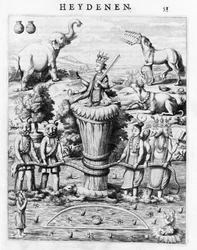 Samudramathana, Déva (Surya, Shiva, Vishnu, Brahma) részvételével démonokkal és lovagokkal. Baldaeus Philippus Afgoderye der oost-indische Heydenen szerint. Amszterdam 1672
