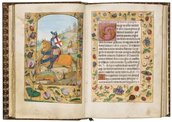 Szent György, illusztráció az Órakönyvből Sarum használata szerint, 1500 körül (vellum)