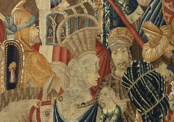 V. Alfonso portugál király hódításait bemutató gobelin (Conquistas de Alfonso V de Portugal), Tournai. Részlet. (Gyapjú és selyem)