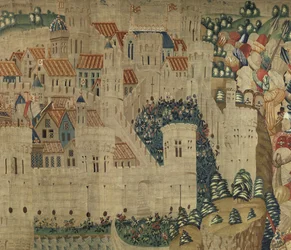 V. Alfonso portugál király hódításait bemutató gobelin (Conquistas de Alfonso V de Portugal), Tournai. Részlet. (Gyapjú és selyem)
