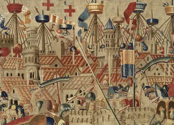 V. Alfonso portugál király hódításait bemutató gobelin (Conquistas de Alfonso V de Portugal), Tournai. Részlet. (Gyapjú és selyem)