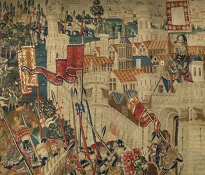 V. Alfonso portugál király hódításait bemutató gobelin (Conquistas de Alfonso V de Portugal), Tournai. Részlet. (Gyapjú és selyem)