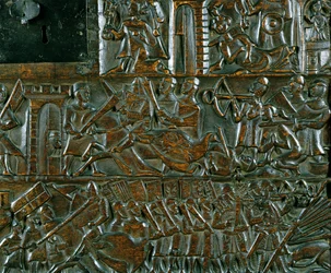 A Courtrai-láda, amely az 1302-ben, Courtraiban vívott Golden Spurs-csata két jelenetét ábrázolja (fa) (részlet)