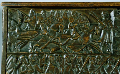 A Courtrai-láda, amely az 1302-ben, Courtraiban vívott Golden Spurs-csata két jelenetét ábrázolja (fa) (részlet)