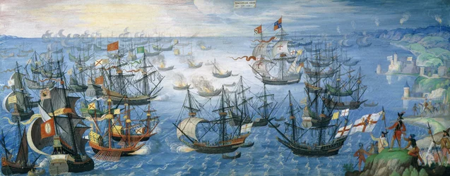 Angol tűzhajók felbocsátása a spanyol flottán Calais mellett I. Erzsébet királynővel (1533-1603) lóháton a parton, 1588. augusztus 7-én éjjel, 1605 körül (guache a pergamen, felerősítve