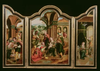 Triptichon: A mágusok imádása (középső panel), Angyali üdvözlet (LH panel), Pásztorok imádása (RH panel)