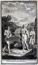 Ulysses megszökik a hajótörésből, és bár meztelenül, de kényszerűségből közeledik Nausicaához, Antinous (Antinoos) lányához. Illusztráció az 1731-ben Amszterdamban, Milánóban kiadott Homérosz Odüszeusának VI.