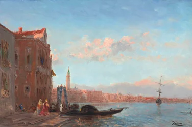 Palotát elhagyó alakok, a Canal della Grazia