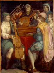 Koncert Lant zenészek, epinette, harsona és viola de gamba. A firenzei iskola névtelen festménye 1550-1600. Nap 1,8x1,3 m