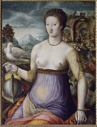 A béke allegóriája, avagy a galambot tartó Diane de Poitiers. Diane de Poitiers, Valentinois hercegnője (1499-1566), II. Henrik francia király kegyencnőjének portréja. 16. század. Firenze, Museo Nazionale del Bargello