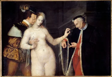 A nő két életkor között. Két különböző korú férfi által udvarolt prostituáltat ábrázoló jelenet. A fontainebleau-i iskola festménye. 1588, Rennes, Szépművészeti Múzeum