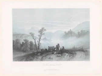 Pásztorok tehenekkel és juhokkal egy ködös völgyben Le Brouillard dans la Vallée (cím a tárgyon)