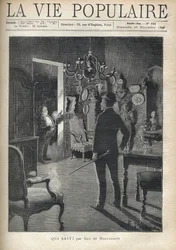 Egy férfi meglep egy betolakodót otthon az éjszaka közepén. F. Meaulle illusztrációja B. Borione után a „” Ki tudja? Guy de Maupassant (1850-1893). Metszet 1890-ből a „La vie populaire” c. Magángyűjtemény