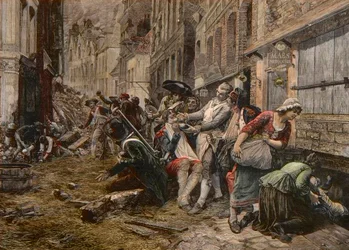 Egy ostromepizód Lille-ben, 1792. október – Lille ostroma 1792.: a paróka Maes egy bombahéjat használ szakálltálként, hogy leborotválja a klienst – Meaulle metszet Gaston Melingue festménye után