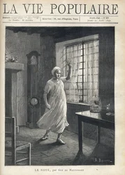 A fegyveres lovagok csapata előtt Jeanne of Arc páncélban, meztelen fejjel szomorúan nézi egy halott lovag testét a padlón, fejét vértócsában fürdeti. Illusztráció: Bernard Borione (1865-20. század), Joan of Arc számára, Joseph F.