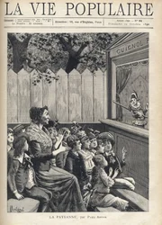 Egy nő egy gyerekcsoport közepén tapsol egy bábelőadásnak (Guignol). Montegut Fortune Meaulle illusztrációja Paul Arene (1843-1896) „A paraszt” számára. Metszet „La vie populaire”