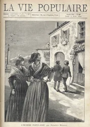 Egy provence-i falu utcáin két csinos, provence-i ruhás nő fordul vissza az utcára, hogy szembeszálljon egy férfival, aki magabiztosan a szemük felé fordul. Montegut illusztrációja Frederic Mistral népszerű emberéhez (1830-1914). Metszet: Fo