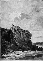 Victor Hugo száműzetésben Jerseyben, 1855-ben, a Proscriit-sziklán. Louis Fortune Meaulle (1844-1901) metszete, amelyről Hugo így nyilatkozott: "A képet Hugo nem tudta, hogy az életben van: "Azt hiszem, il grave".