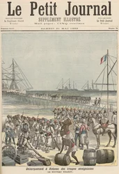 A szenegáli csapatok partraszállása a cotonoui New Wharfnál, a „Le Petit Journal”-ból, 1892. május 21.