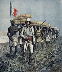 Mizon hadnagy (1853-99) 1892-es felfedezőútján a nigériai Benue folyó vidékén, a „Le Petit Journal” című lapból, 1892. július