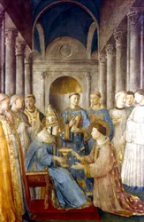 Fra Angelico (Guido di Pietro/Giovanni da Fiesole 1400-55 körül) olasz festő. "Szent Sixtus és diakónusa, Szent Lőrinc" (II. Sixtus pápa d258) Freskó. V. Miklós kápolnája, Vatikáni Palota.