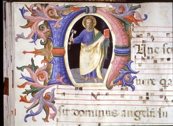 Ms 558 f.60v Szent Pétert ábrázoló történeti "N" kezdőbetű, részlet egy misekönyvből, 1430-as évek eleje (pergamen).